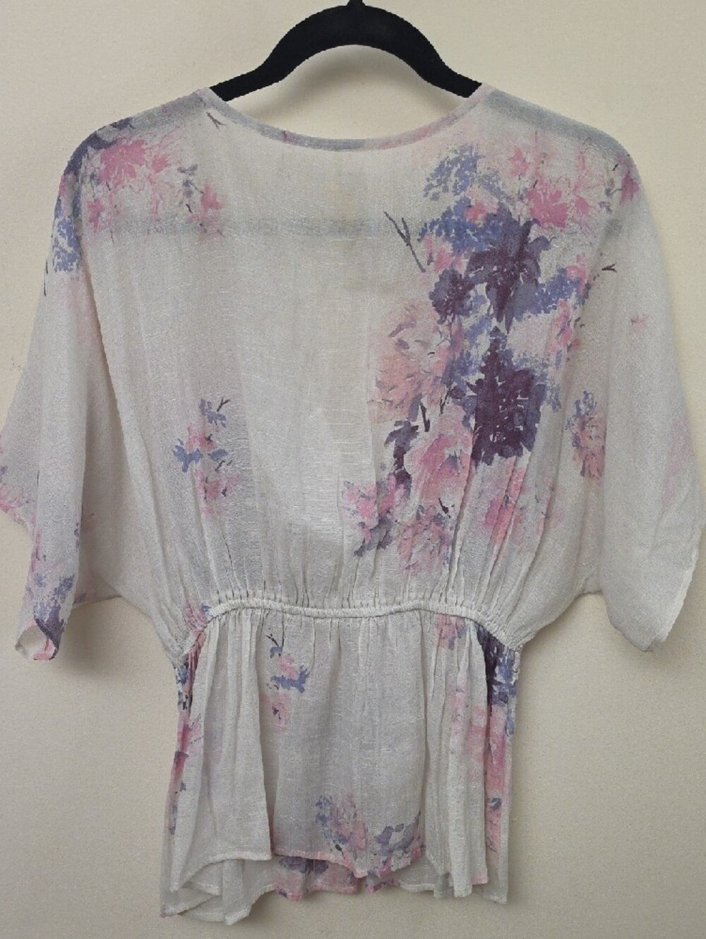 Floral Lace Trim V-Neck Blouse in White, Pink & Purple With Sheer Middle Sz L - Picture 6 of 6